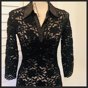 ✨NWOT✨3/4 Sleeve Satin Collar Black Lace Blouse🖤